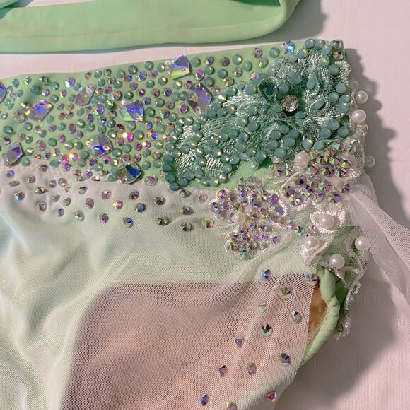Solo custom dance costume leotard 2 piece mint green rhinestoned LC child - Picture 7 of 13